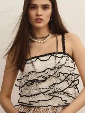 NWT Anthropologie black and white ruffled mesh cami size medium